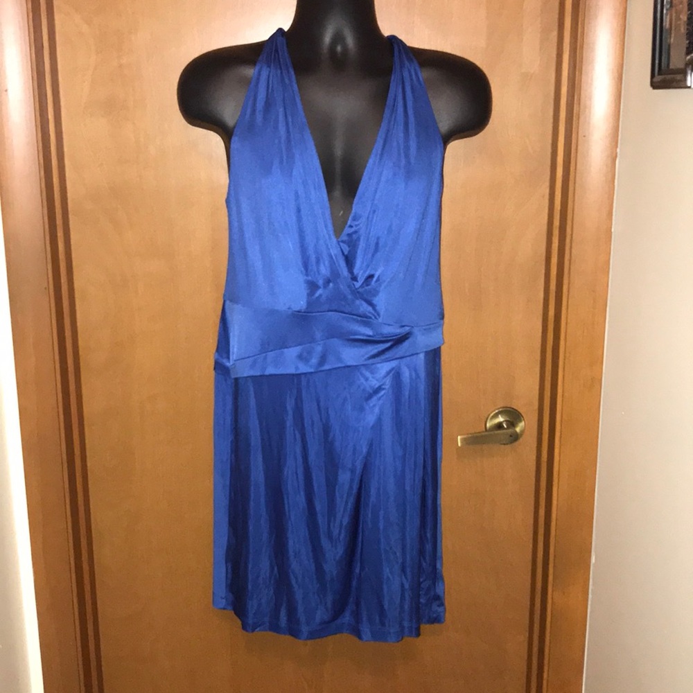 BCBG Blue silky halter draped dress L